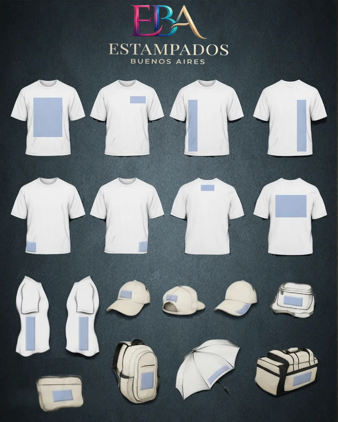 Guía visual con las ubicaciones de estampado en remeras, buzos, gorras, bolsos, paraguas y riñoneras
