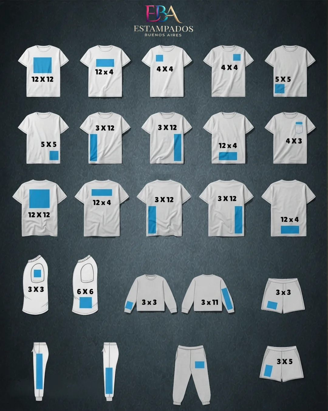 Guía de medidas de estampado en remeras, buzos y shorts, con tamaños desde 3x3 hasta 12x12
