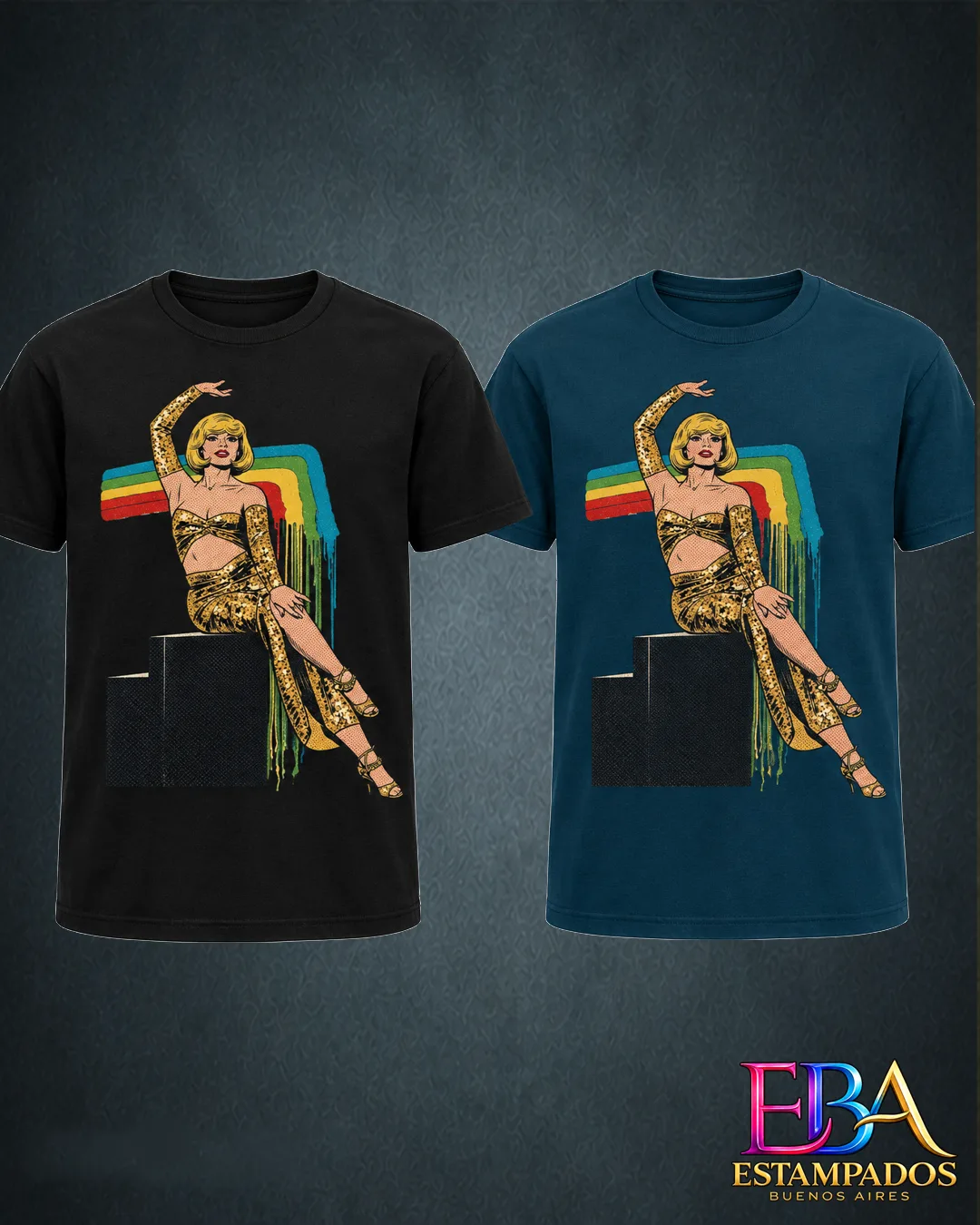 Remera negra y azul petróleo con ilustración pin-up de una mujer con outfit de leopardo y un arcoíris