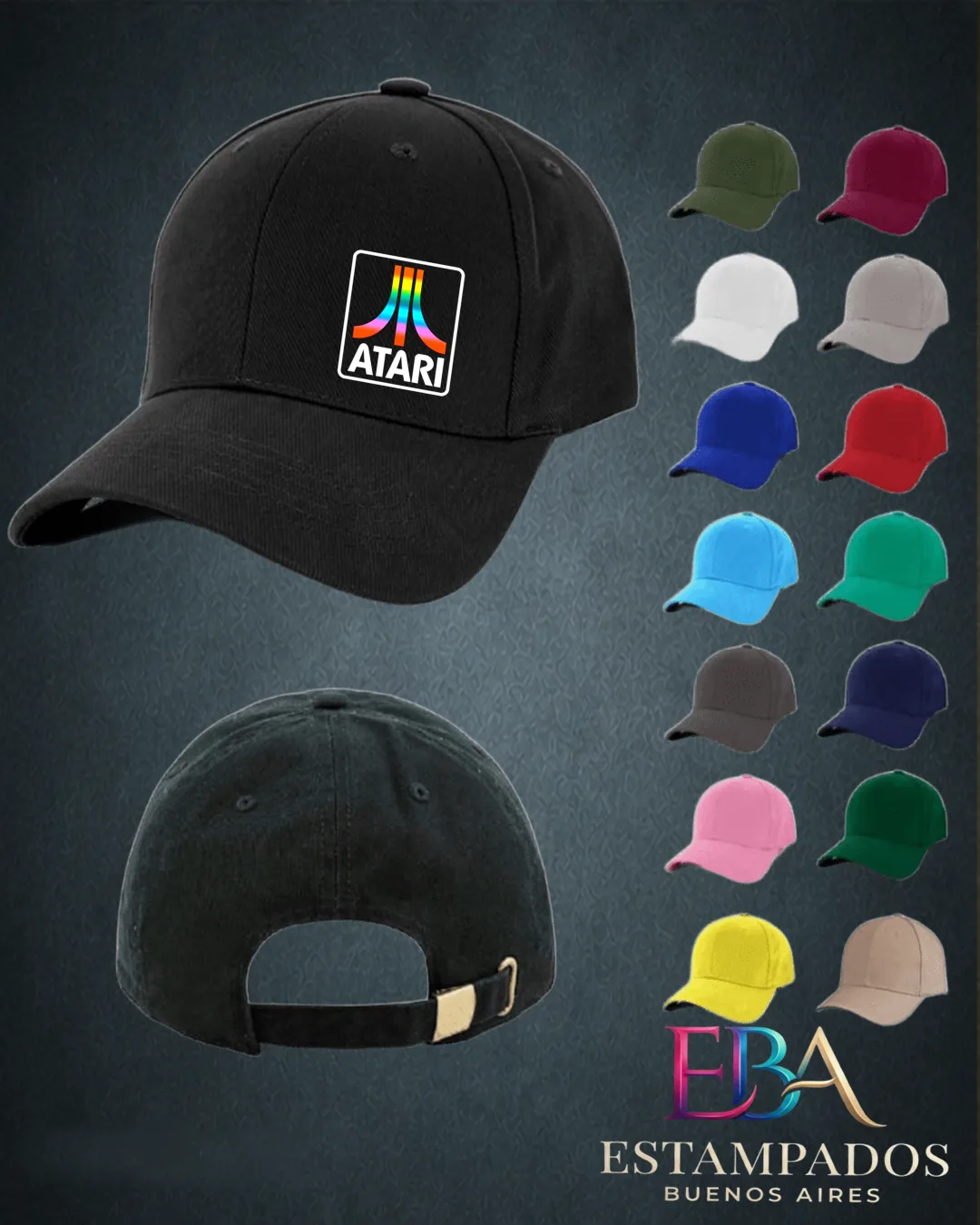 Gorra negra con el logo cuadrado de Atari en colores arcoíris y vista trasera, junto a una muestra de colores disponibles