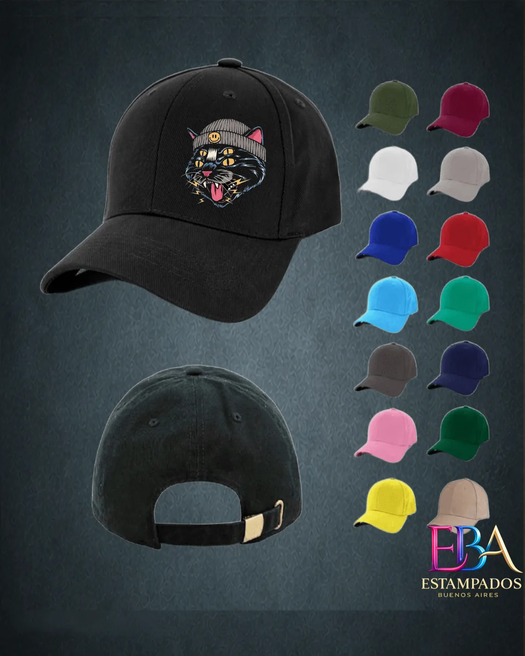 Gorra negra con ilustración de un gato con gorrito y smiley, lengua afuera y rayos, junto a una muestra de colores disponibles